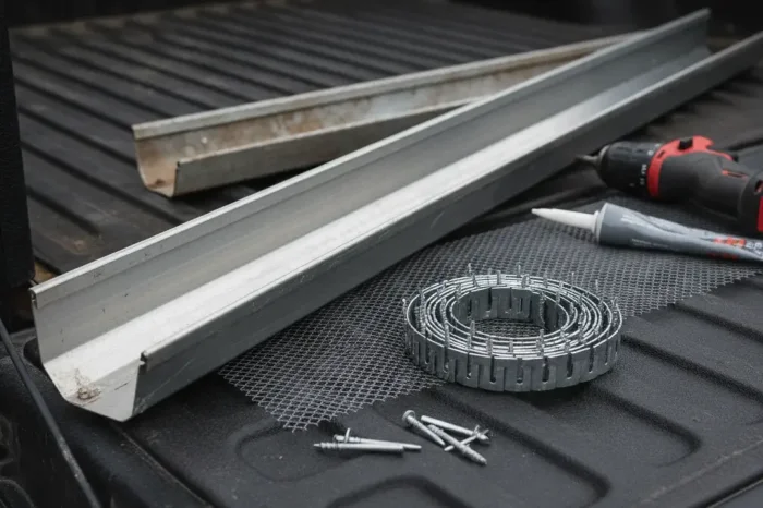 Metal channel pieces, mesh, and screws laid out on a truck bed for a DIY project; drill visible in the background.
