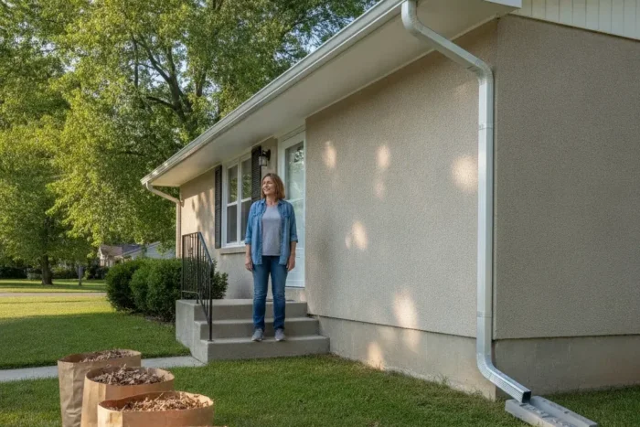 Woman standing on the front steps of a beige house, wearing a denim jacket and jeans, with mulch bags on the lawn nearby.