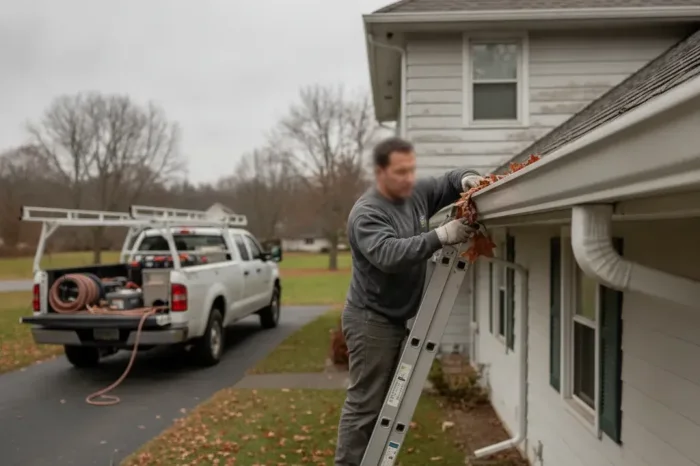 Man on a ladder cleaning the gutter of a suburban house; a pickup truck with tools is parked in the driveway.