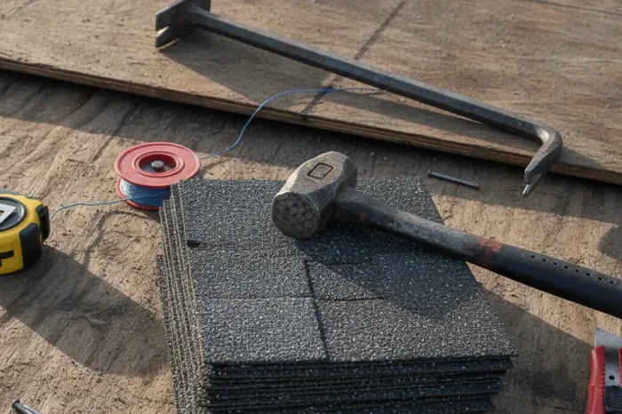 Hammer, tape measure, red spool of thread, and foam tiles on a wooden roof with a crowbar in the background—construction tools laid out for a project.