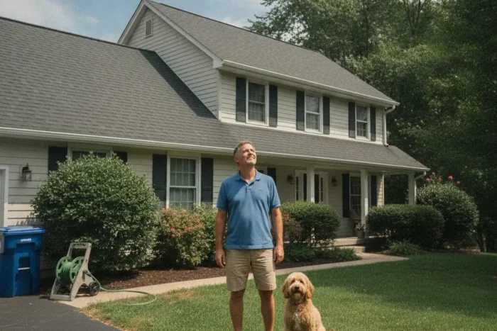 Man in a blue polo and beige shorts stands on a manicured front lawn with a small brown dog beside him in front of a gray two-story suburban house with white trim and dark shutters.